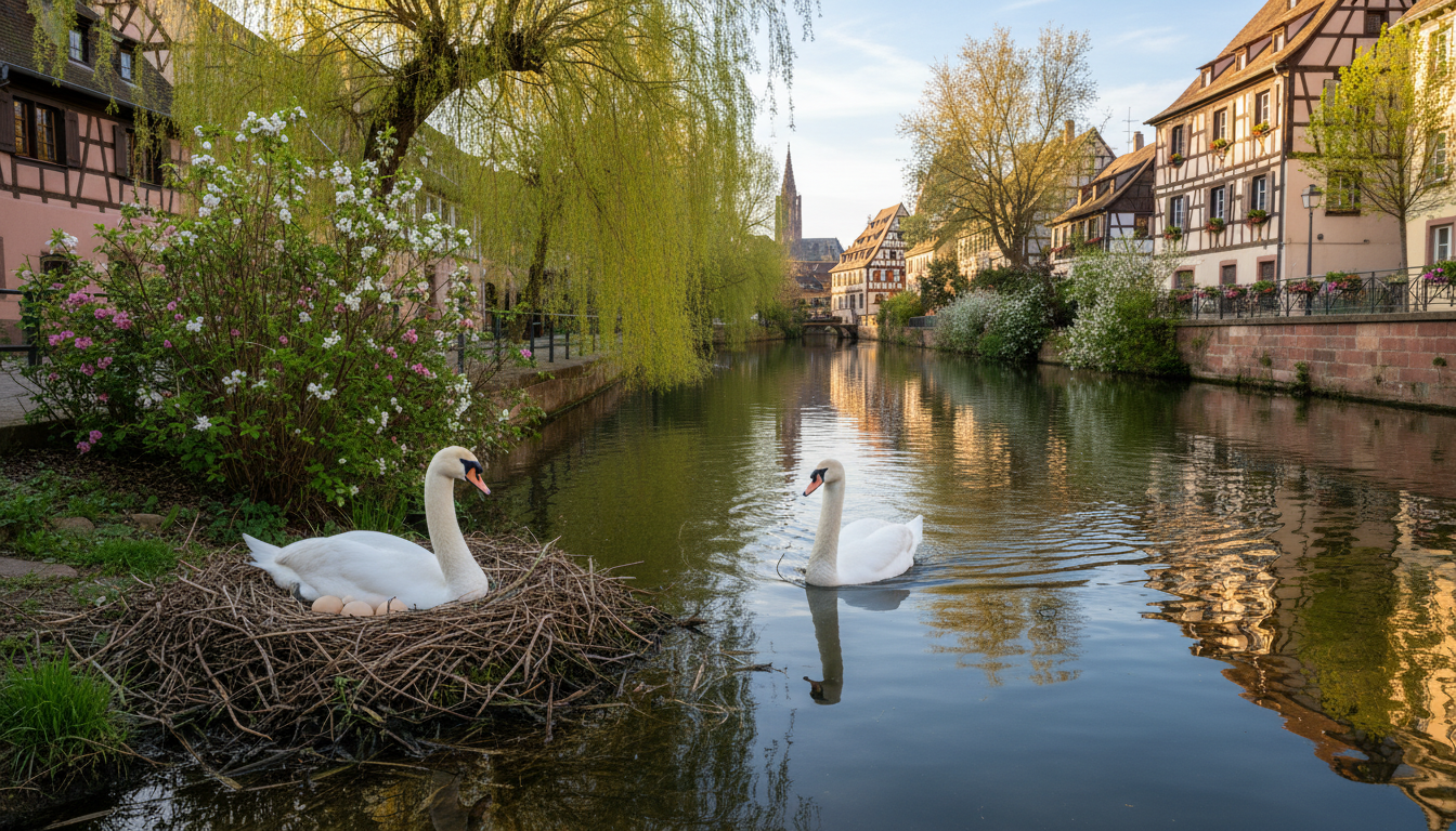 Couple de cygnes sur un canal de Strasbourg au printemps