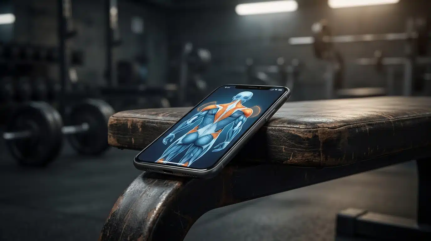 Smartphone posé sur un banc de musculation affichant une carte musculaire colorée avec zones corporelles en surbrillance