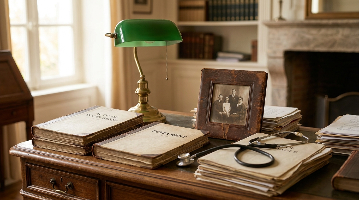 Documents de succession posés sur un bureau de notaire avec stéthoscope