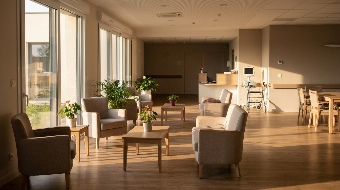 Salle commune lumineuse d'un Ehpad moderne avec fauteuils vides
