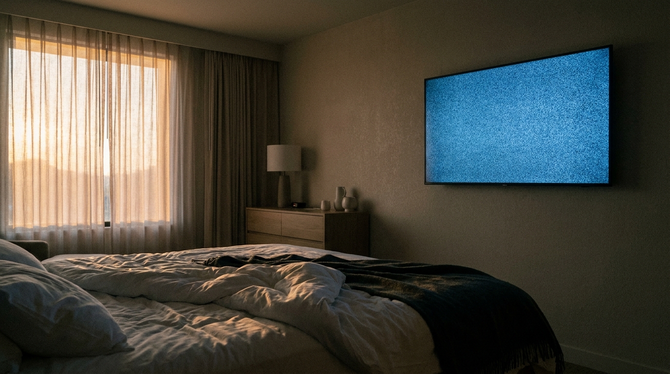 Télévision allumée dans une chambre d'hôtel sombre