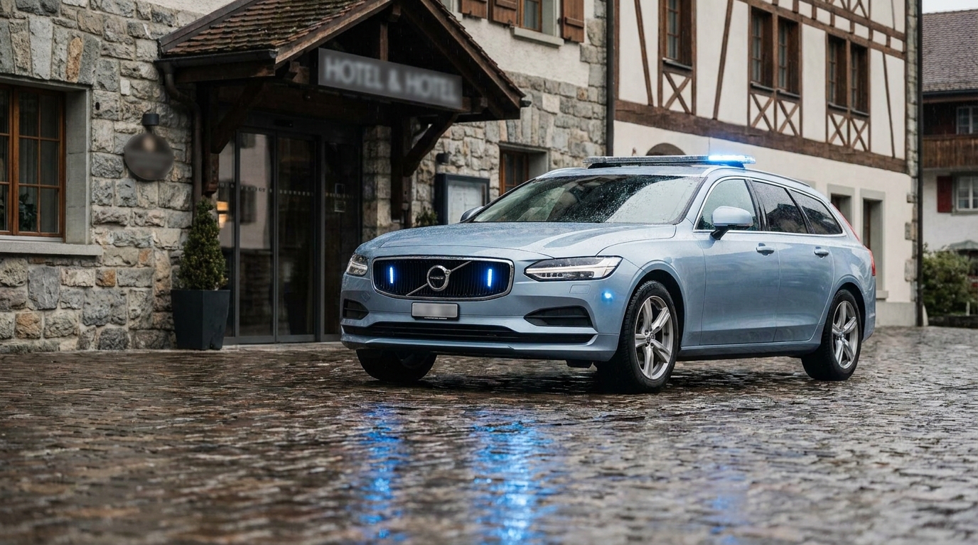 Voiture de police suisse devant un hôtel européen