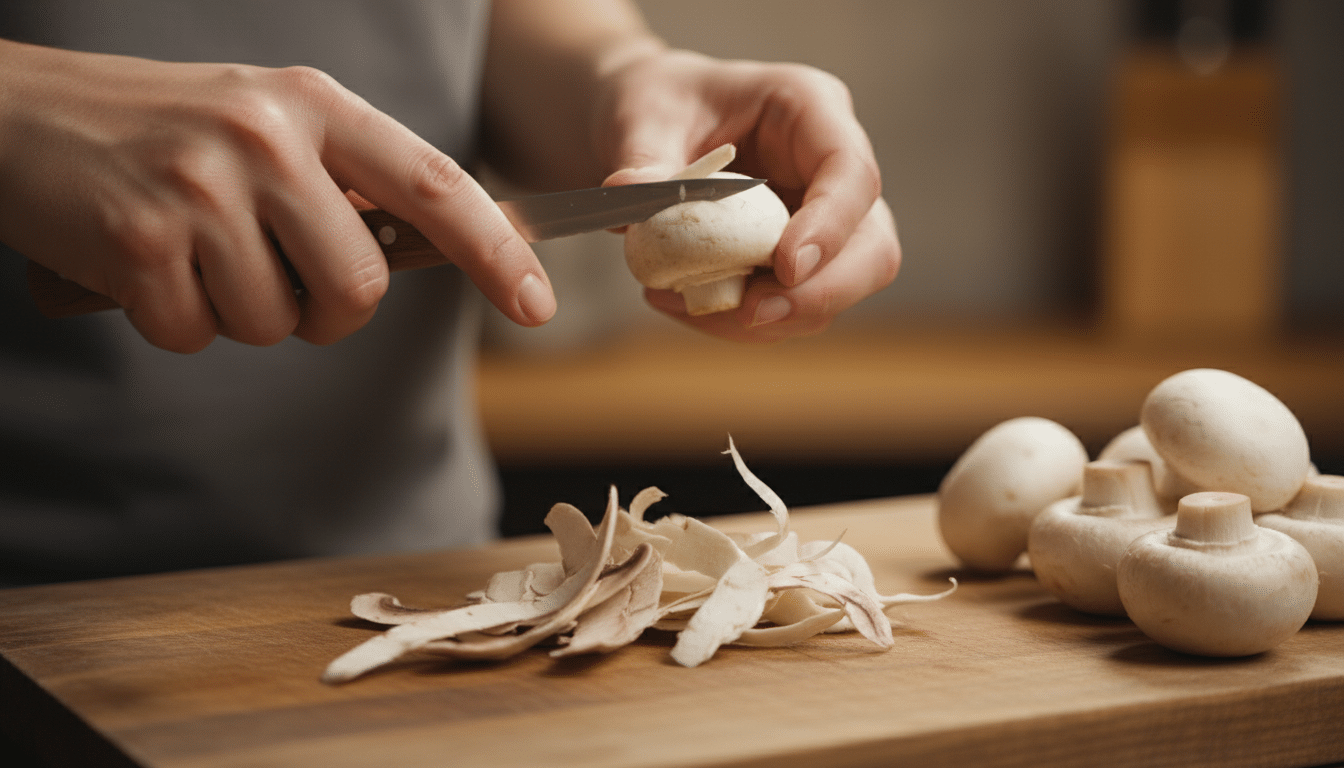 Mains épluchant des champignons de Paris sur une planche