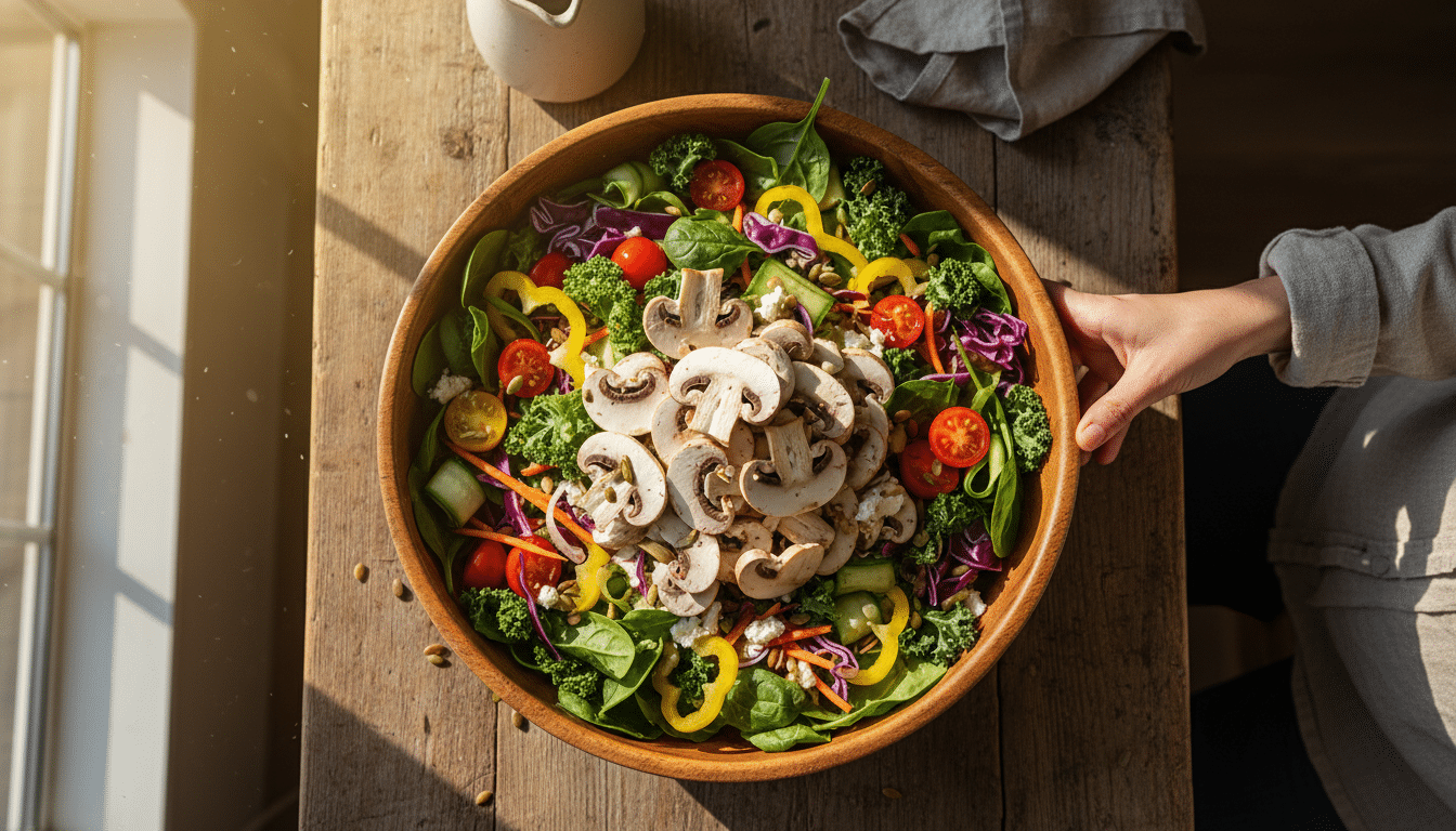 Salade avec champignons de Paris non épluchés sur table en bois