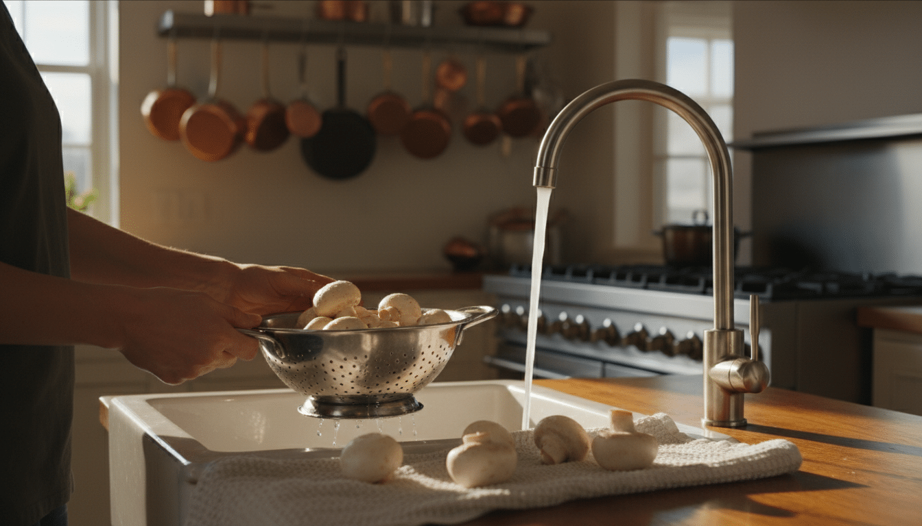 Rinçage de champignons de Paris sous l'eau du robinet dans une cuisine
