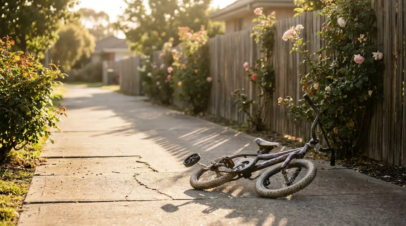 Vélo d'enfant couché sur un trottoir ensoleillé