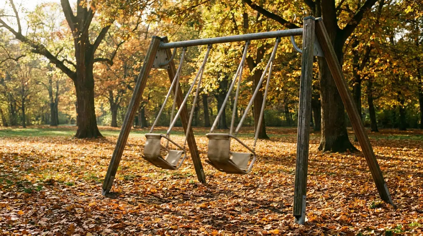 Balançoire vide dans un parc aux feuilles d'automne