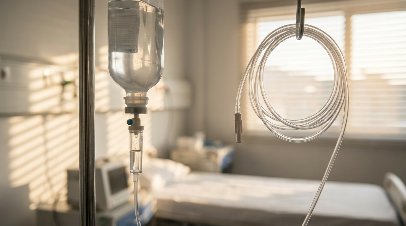 Perfusion intraveineuse dans une chambre d'hôpital éclairée par la fenêtre