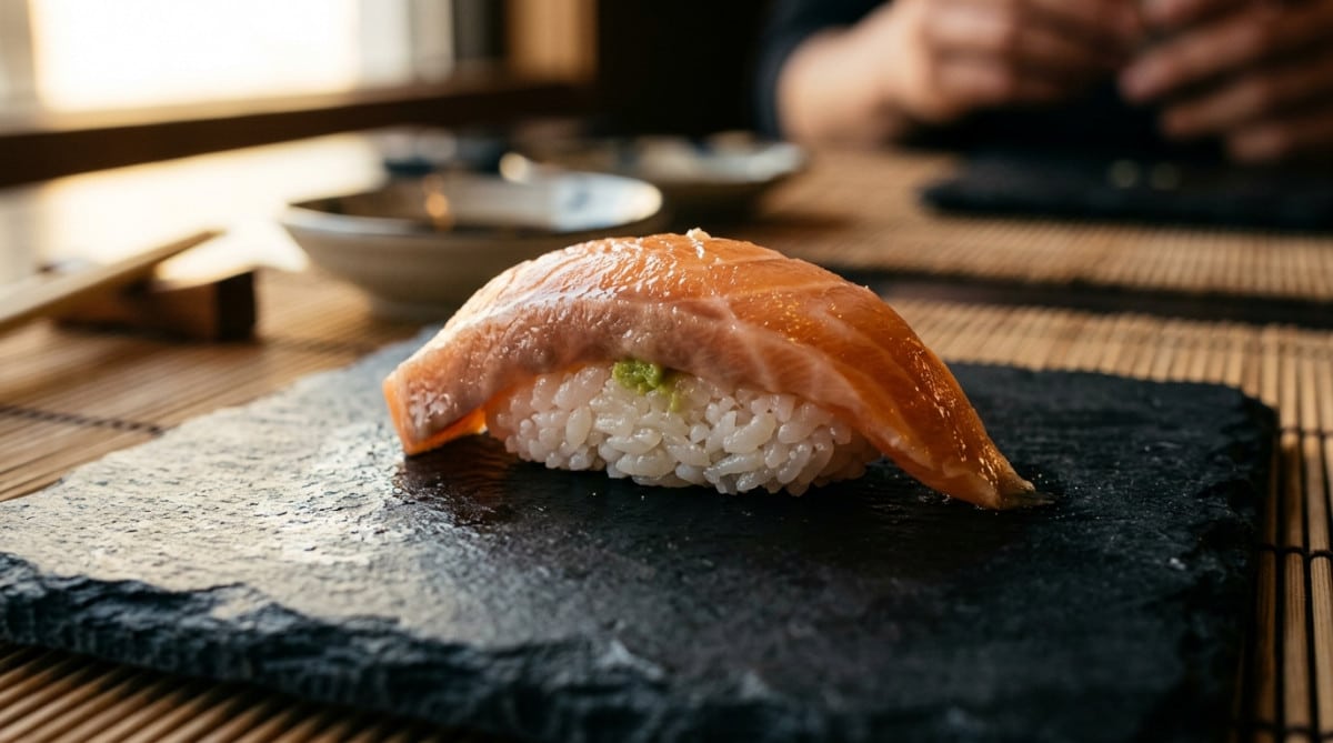 Sushi nigiri saumon frais sur assiette en ardoise