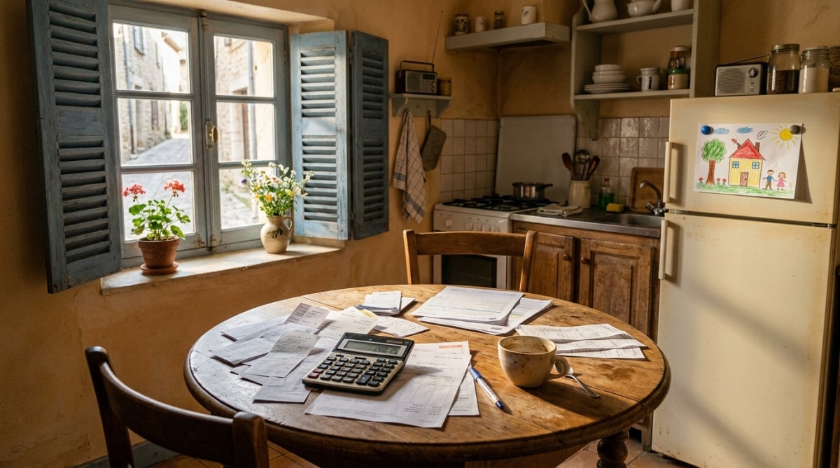 Table de cuisine avec factures et calculatrice dans un appartement