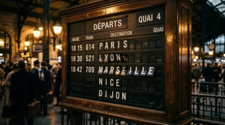 Tableau d'affichage mécanique à palettes dans une gare des années 60
