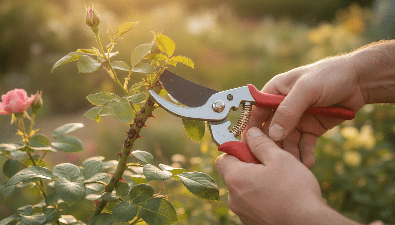 Sécateur près d'une tige de rosier avec taches brunes