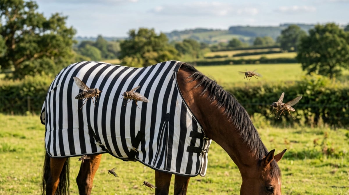 Taons approchant un cheval portant un manteau rayé