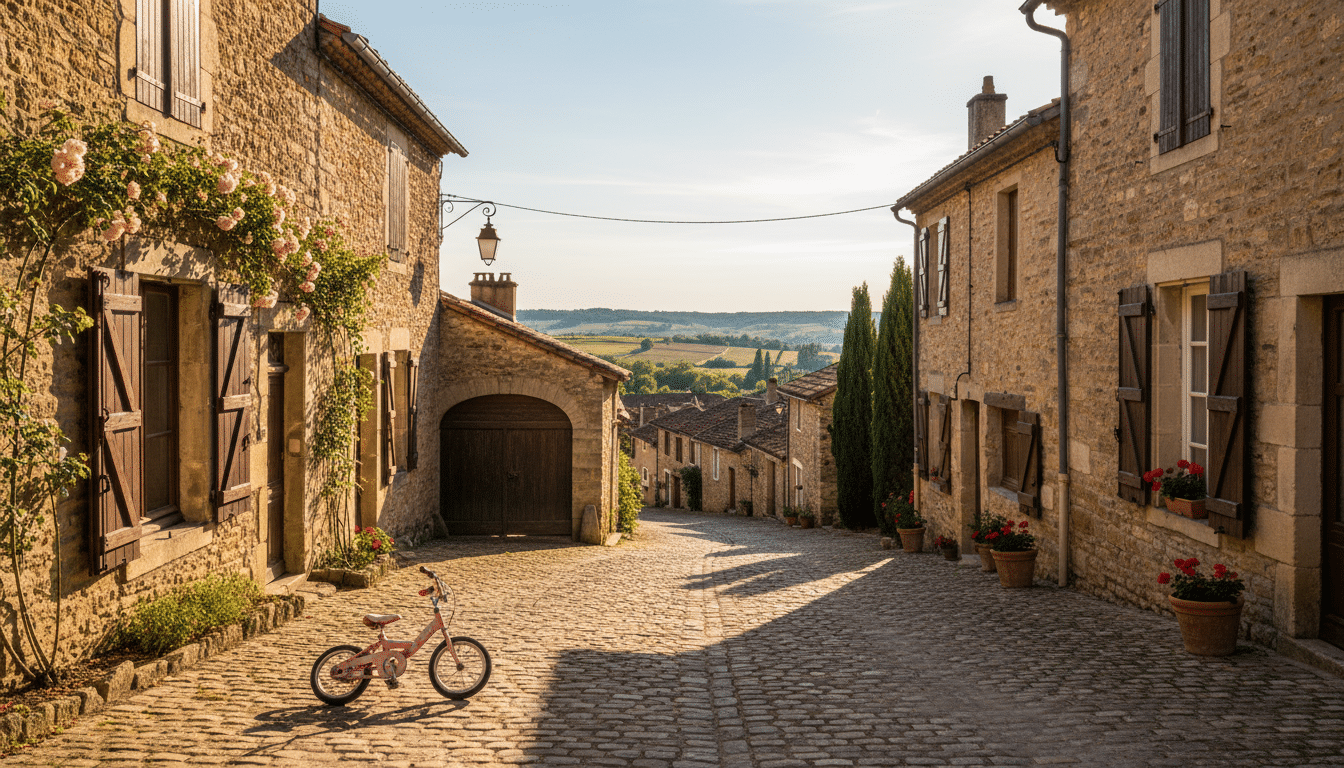 Vélo d'enfant couché dans une rue de village rural