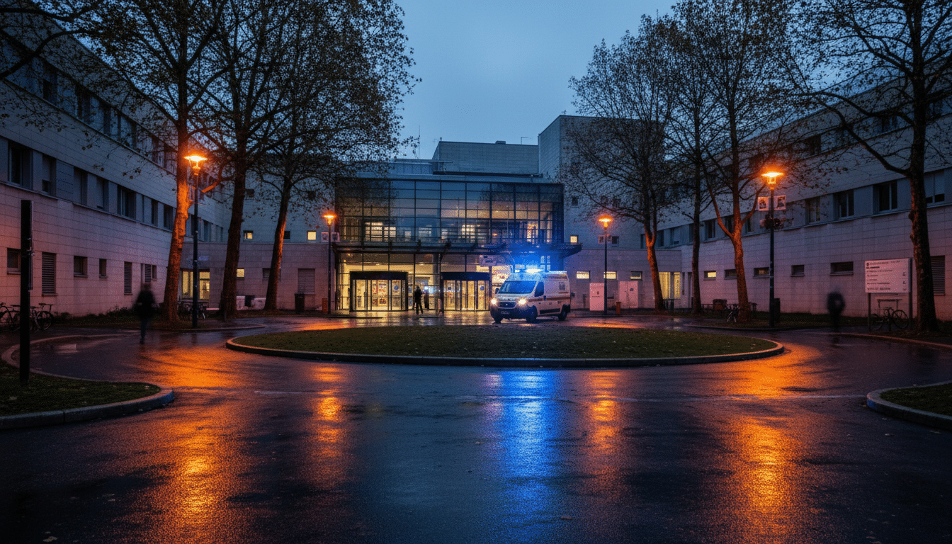 Entrée des urgences d'un hôpital français le soir