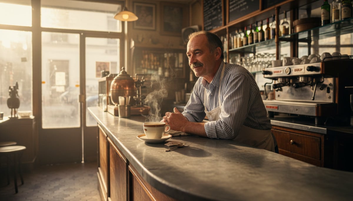 Tasse à café épaisse sur le zinc d'un bistrot français