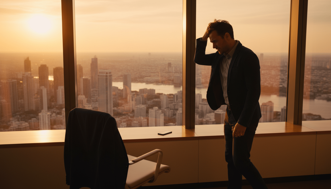 Personne agitée près d'une fenêtre de bureau au coucher du soleil