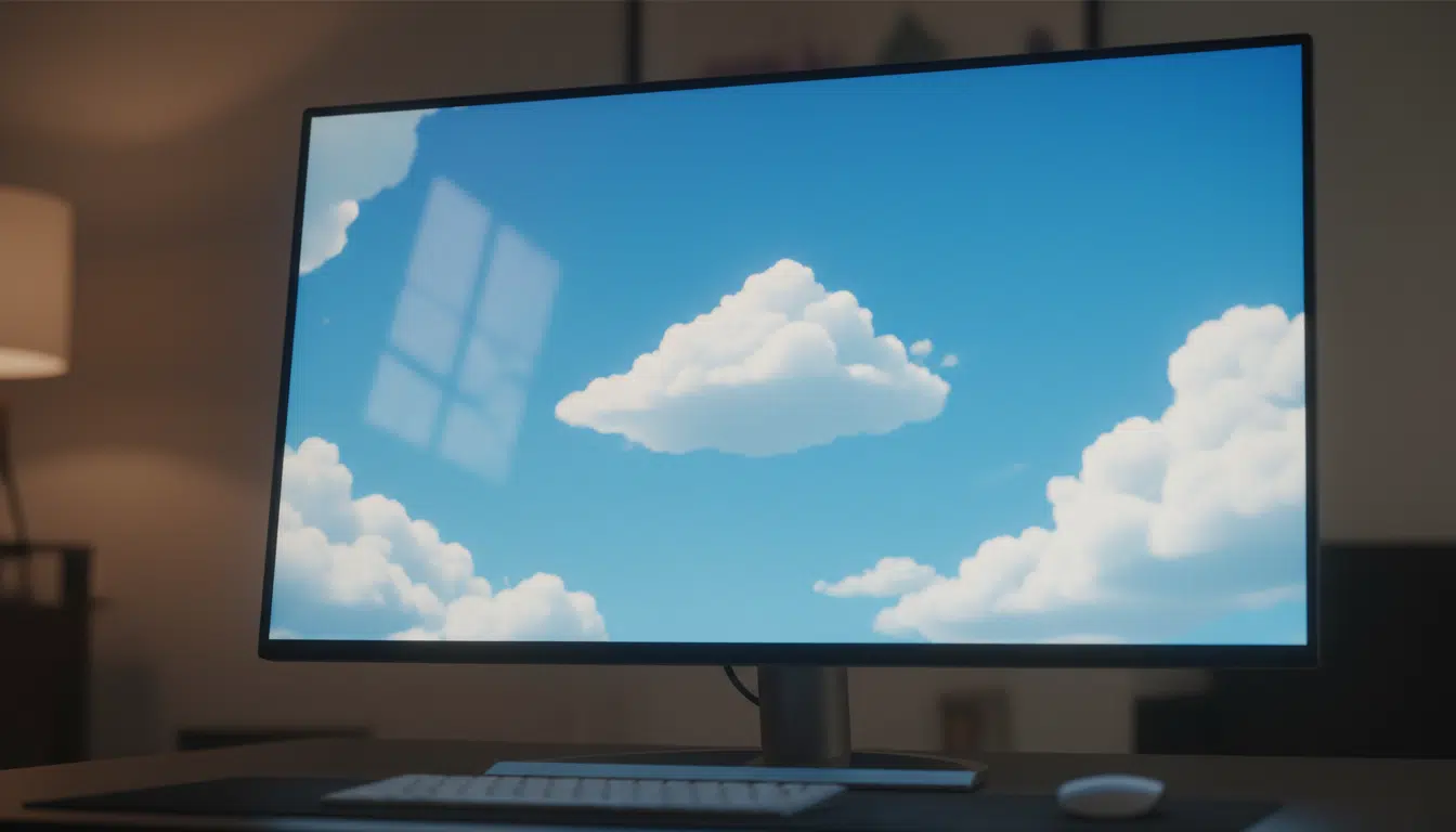 Fond d'écran nuages rappelant la chambre d'Andy dans Toy Story affiché sur un écran d'ordinateur