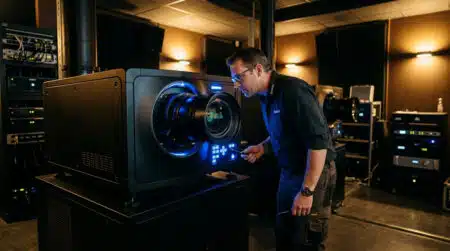 Technicien devant un projecteur numérique de cinéma