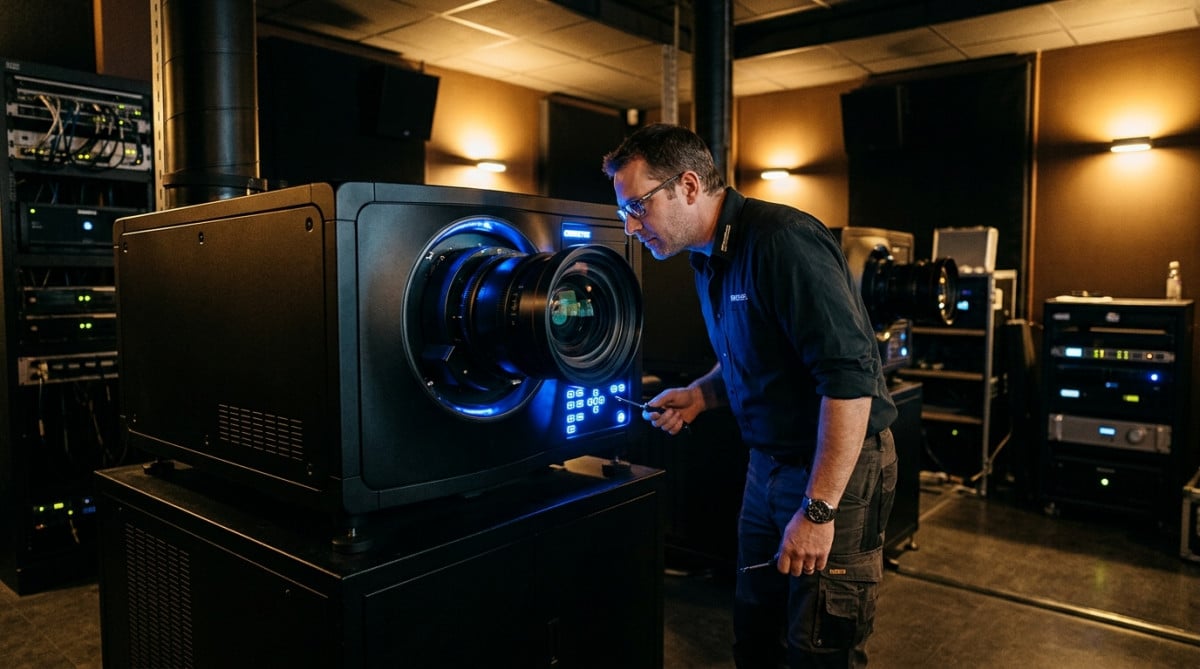 Technicien devant un projecteur numérique de cinéma