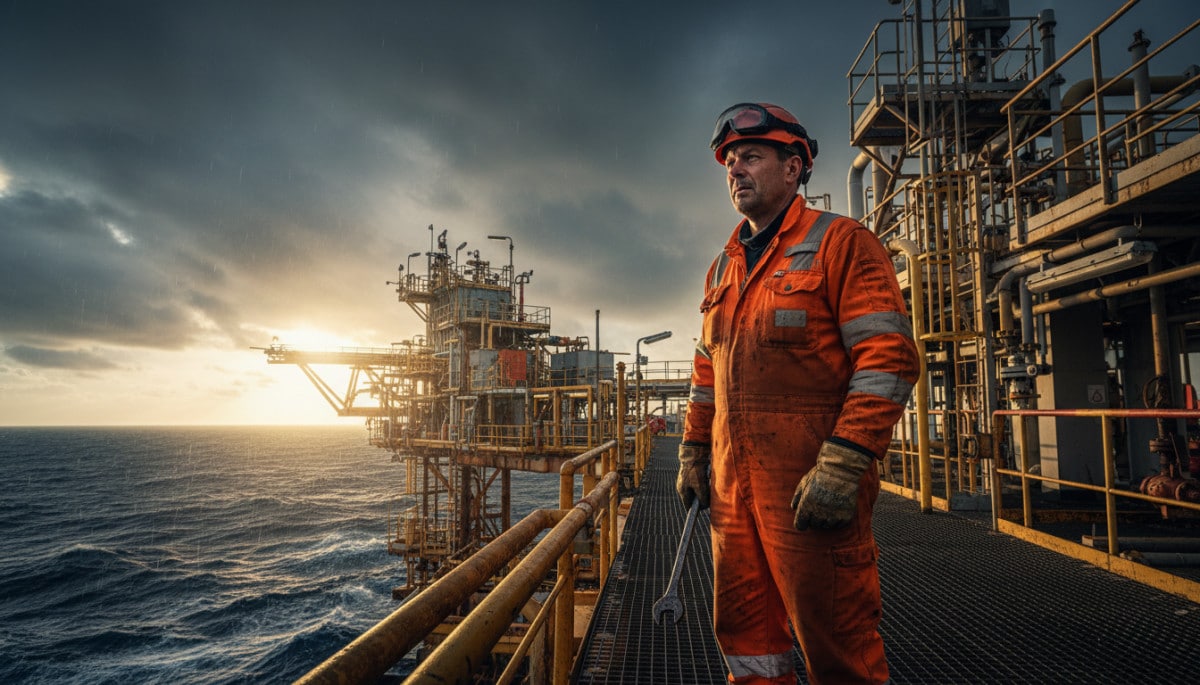 technicien sur plateforme pétrolière offshore en mer