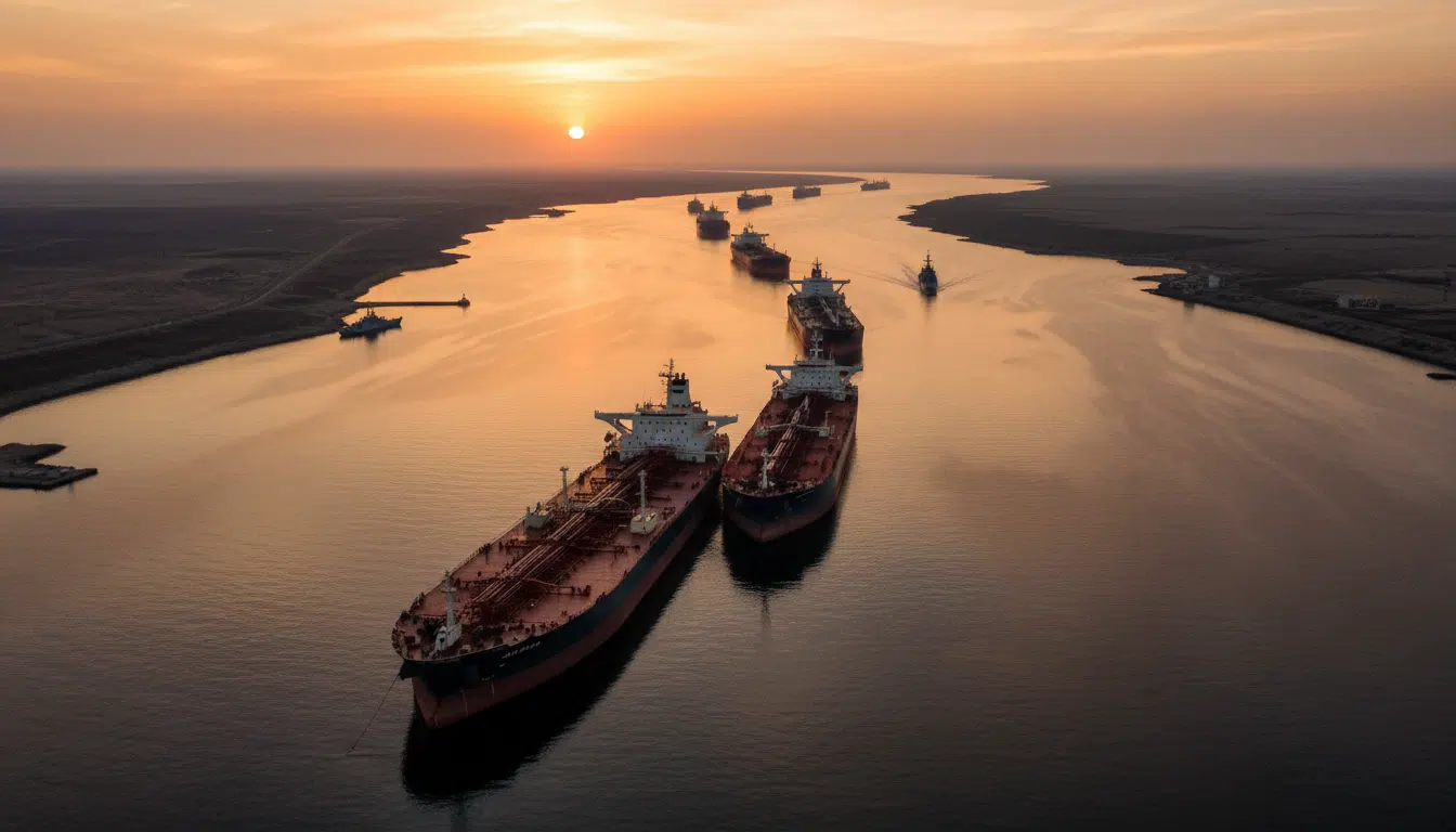 Pétroliers bloqués dans le détroit d'Ormuz au coucher du soleil