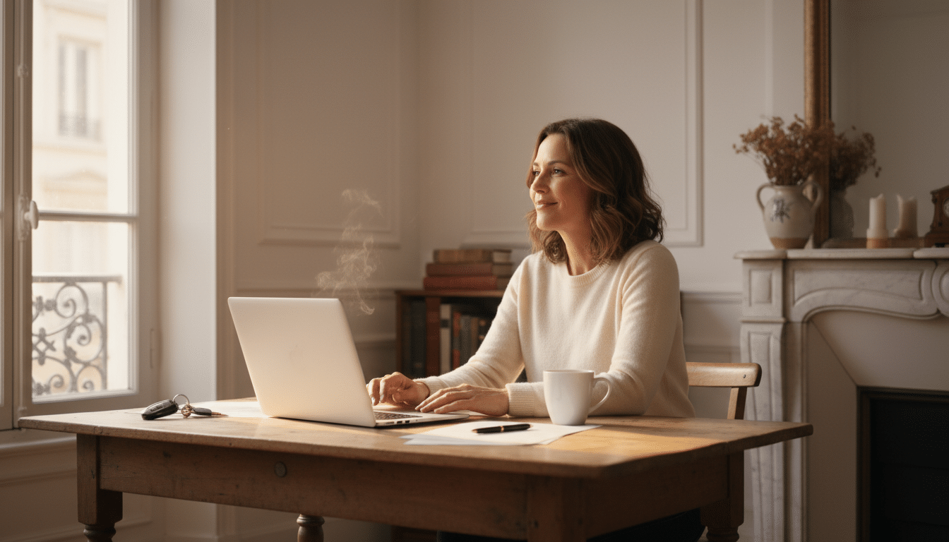 Femme en télétravail à domicile avec ordinateur portable