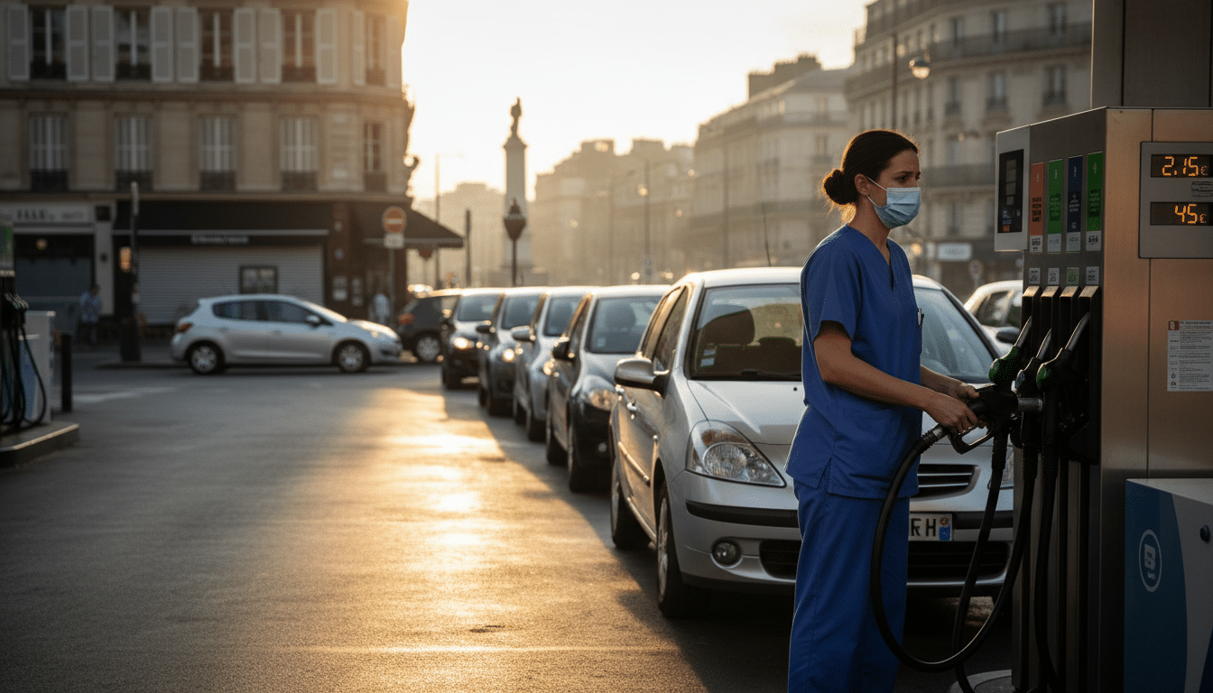 Infirmière faisant le plein d'essence face aux prix élevés