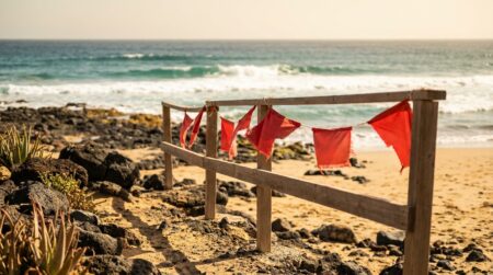 Drapeaux rouges et barrières sur une plage de Tenerife