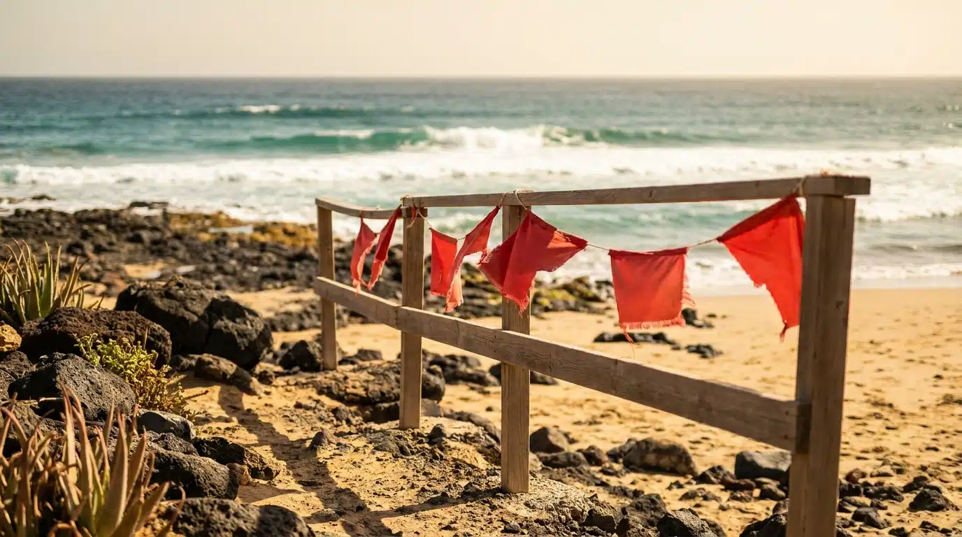 Drapeaux rouges et barrières sur une plage de Tenerife