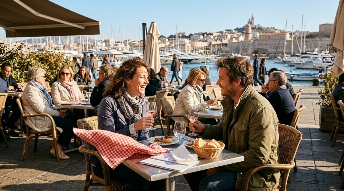 Terrasse de café à Marseille sous un ciel clair mais frais