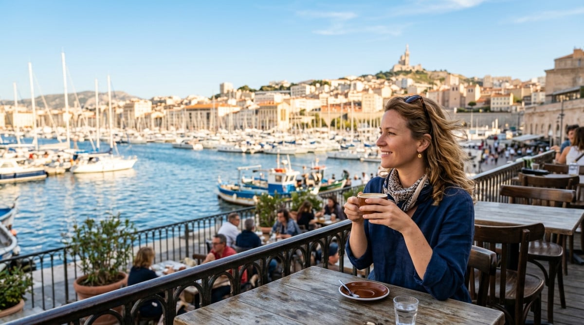 Terrasse de café sur le Vieux-Port de Marseille avec brise marine