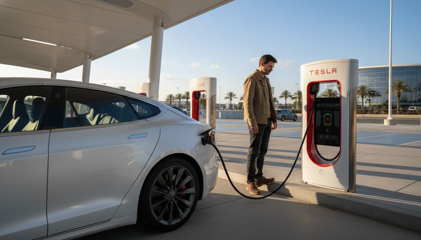 Conducteur devant une borne Superchargeur Tesla en journée