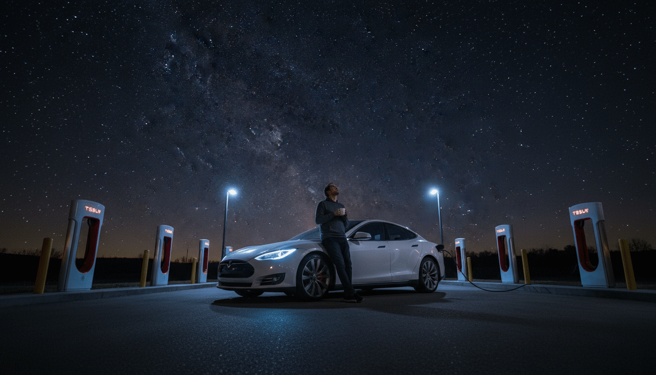 Recharge nocturne sur un Superchargeur Tesla éclairé