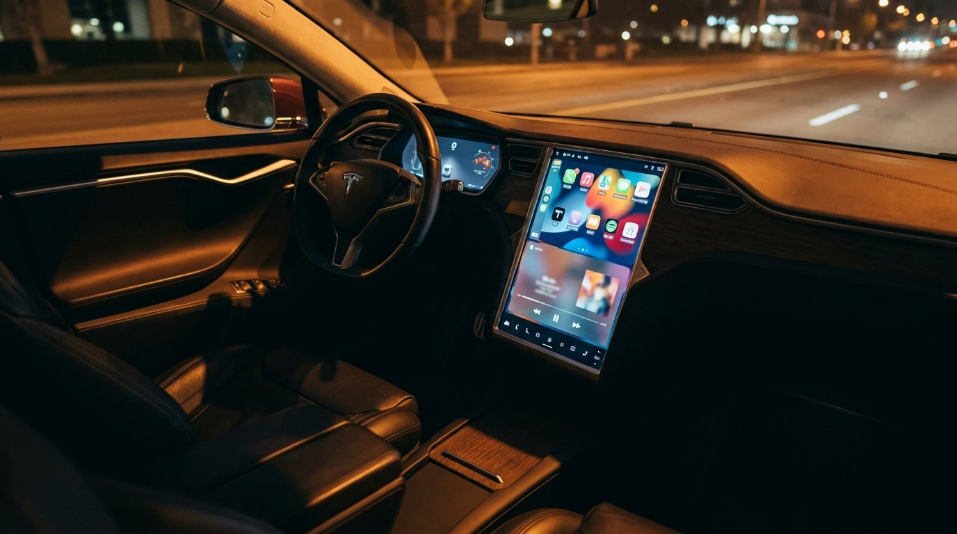 Écran central d'une Tesla affichant une interface de streaming