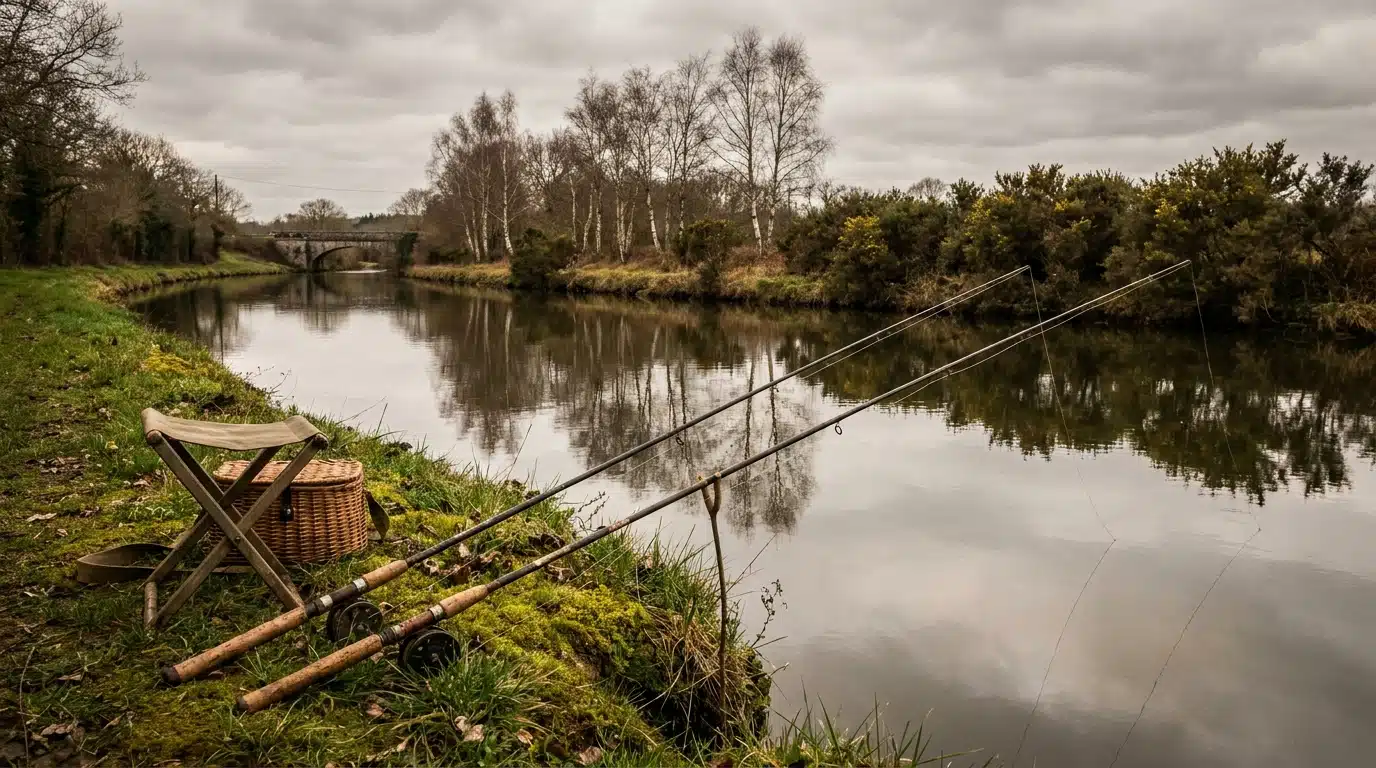 Cannes à pêche posées sur une berge de rivière bretonne