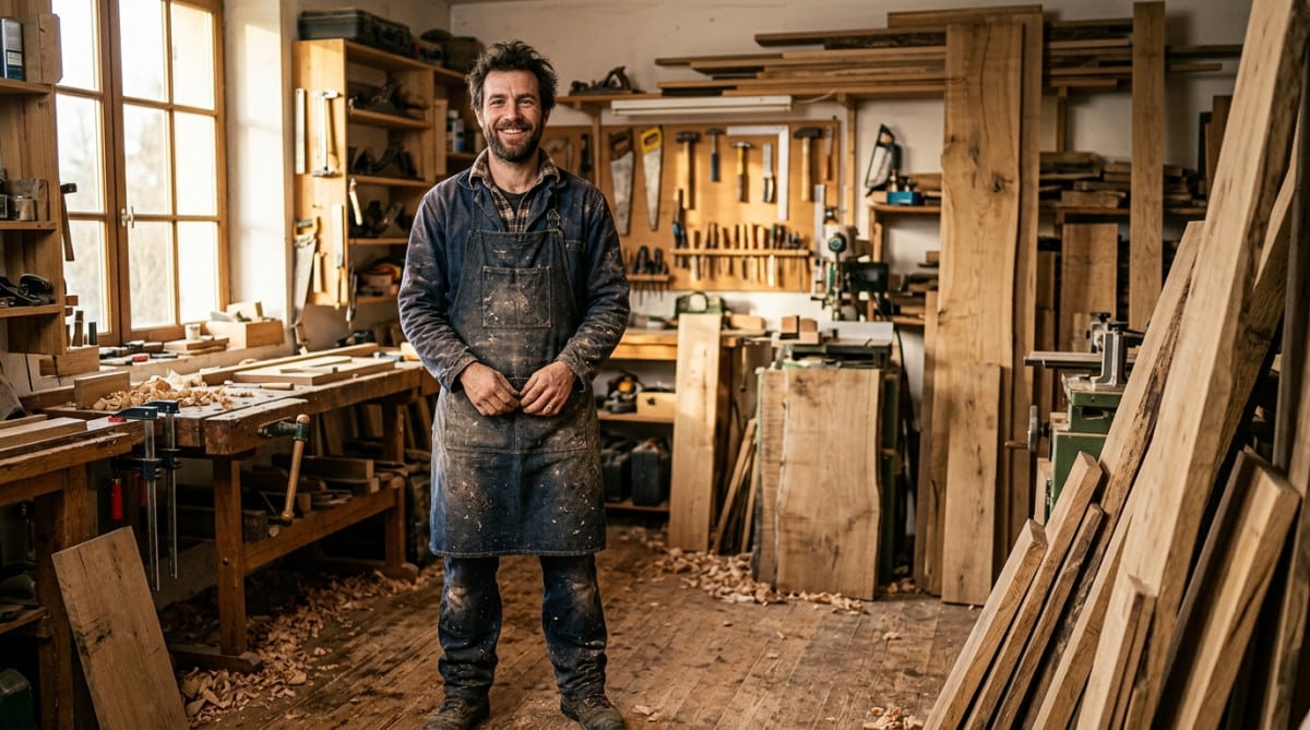 Thibault menuisier dans son atelier à La Rochelle