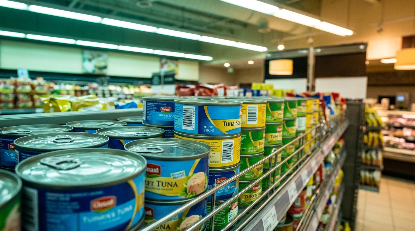Conserves de thon alignées sur une étagère de supermarché