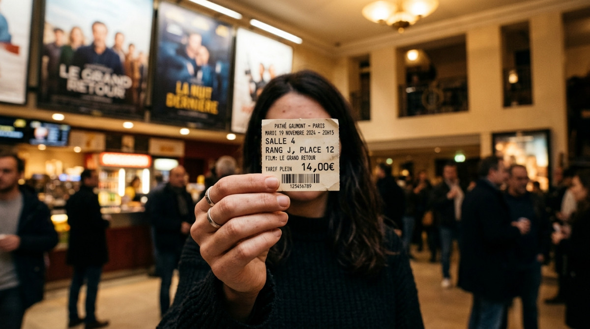 Ticket de cinéma à 14 euros tenu en main