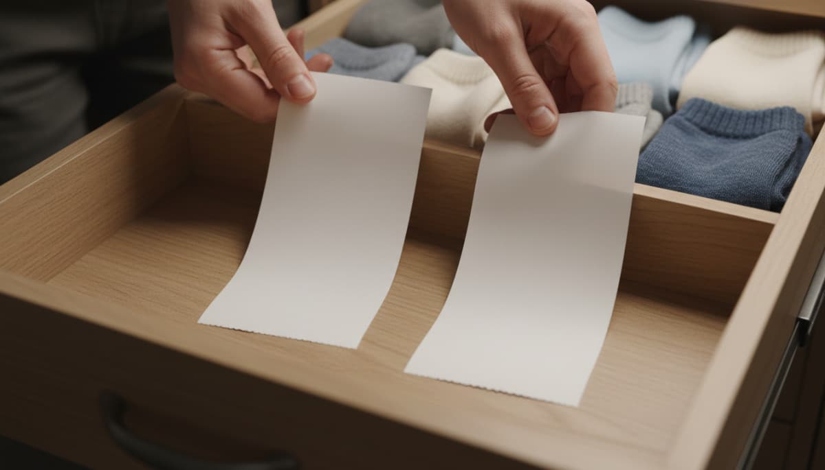 Tickets de caisse posés à plat dans un tiroir à chaussettes