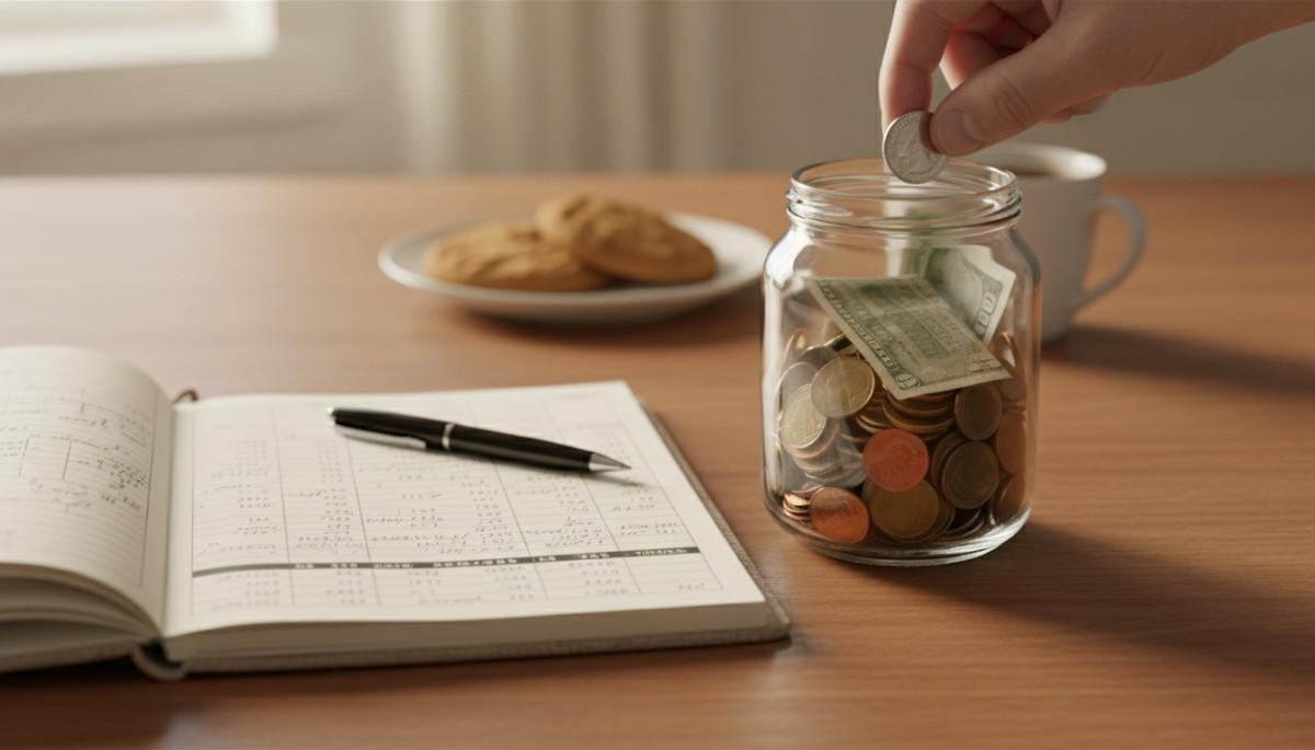 Tirelire et carnet de budget sur une table
