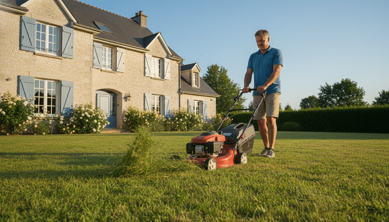 Homme démarrant sa tondeuse dans un jardin le dimanche matin