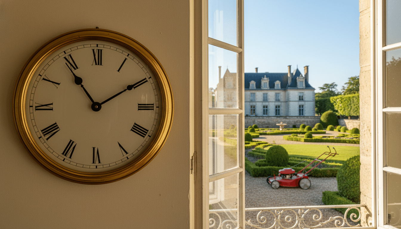 Horloge indiquant 10h avec tondeuse dans un jardin français