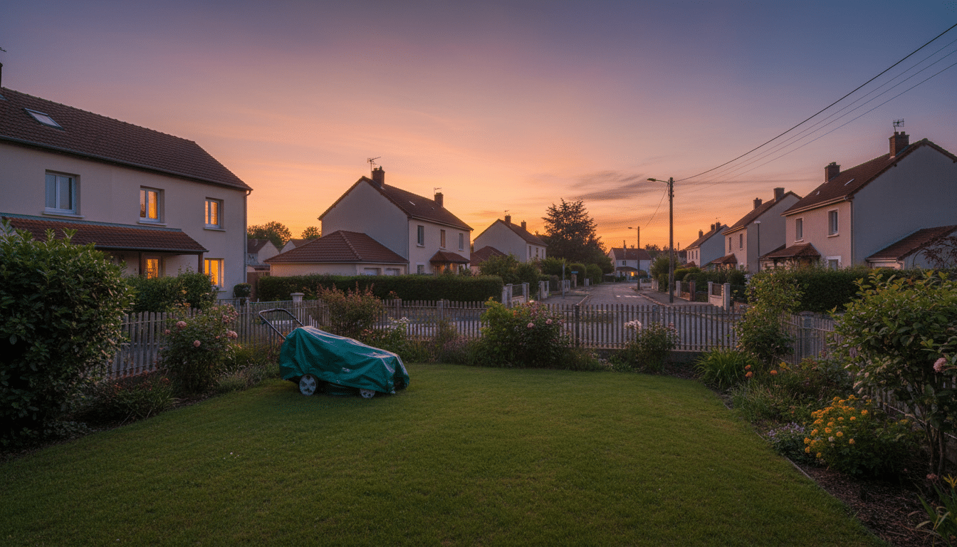 Jardin de banlieue française au crépuscule avec tondeuse bâchée