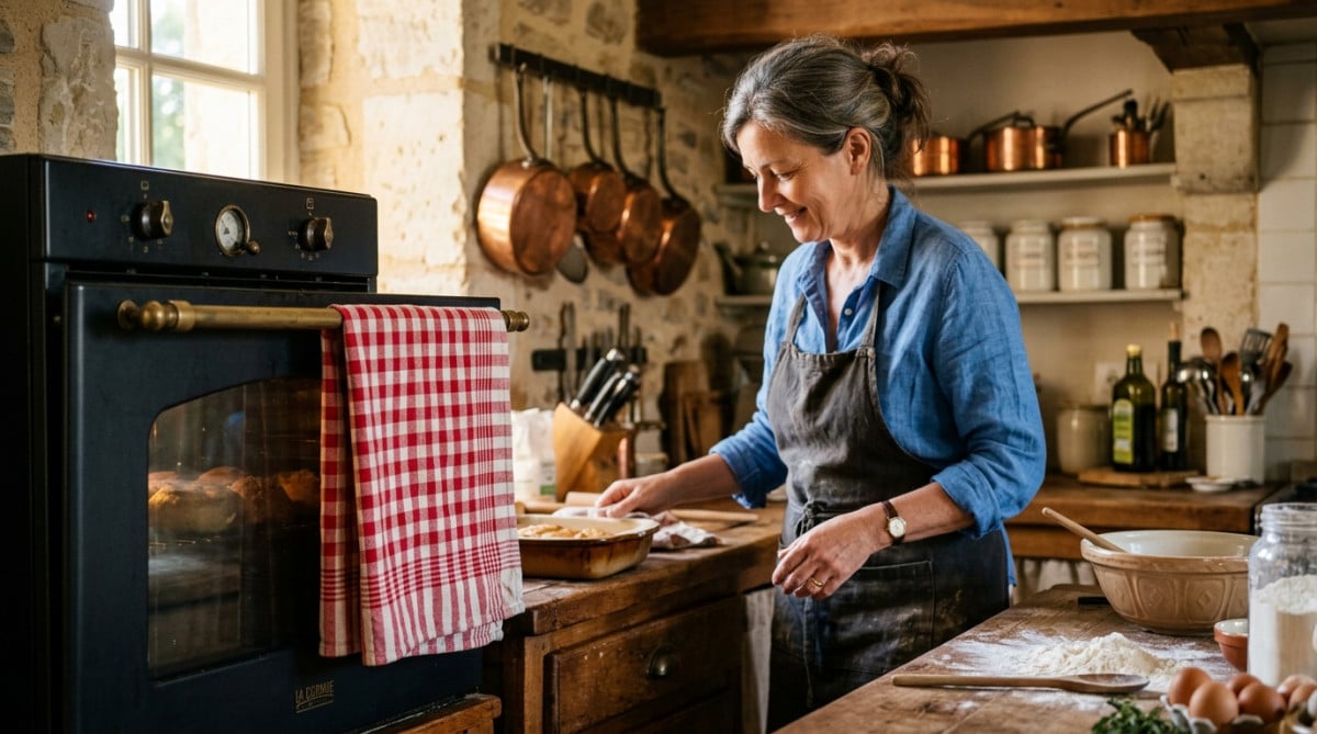 Torchon à carreaux accroché sur la poignée d'un four dans une cuisine française