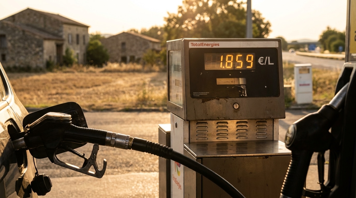 Pompe diesel dans une station-service TotalEnergies au soleil couchant