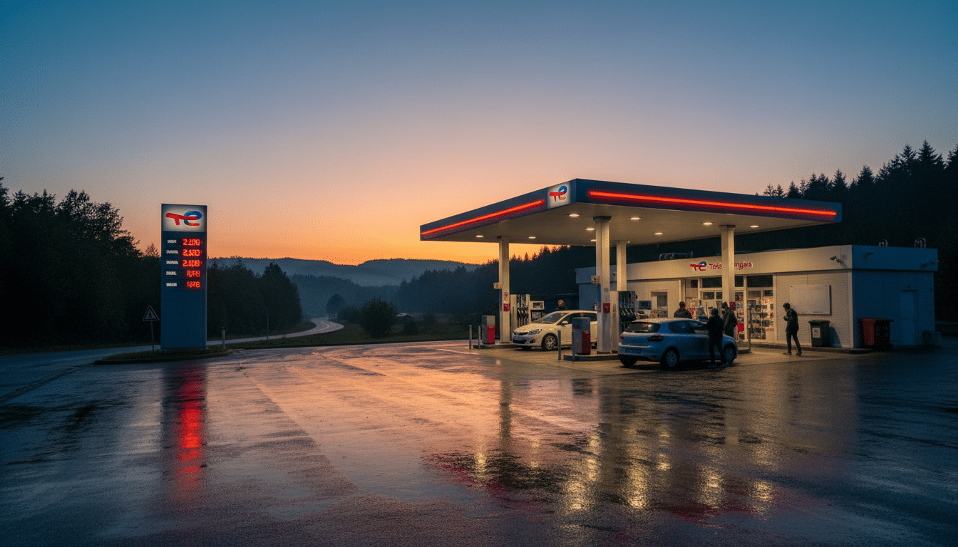 Station-service TotalEnergies avec prix du carburant affichés