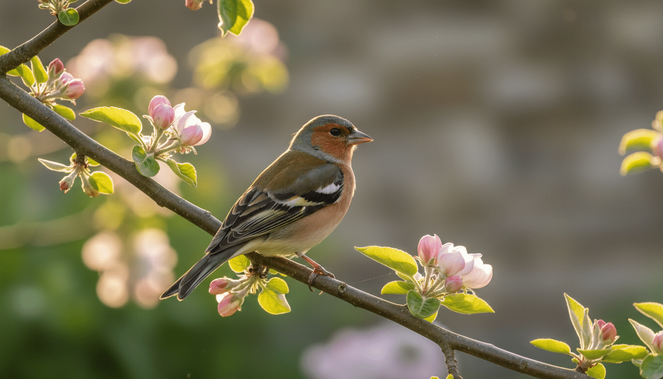 Pinson des arbres perché dans un jardin ensoleillé