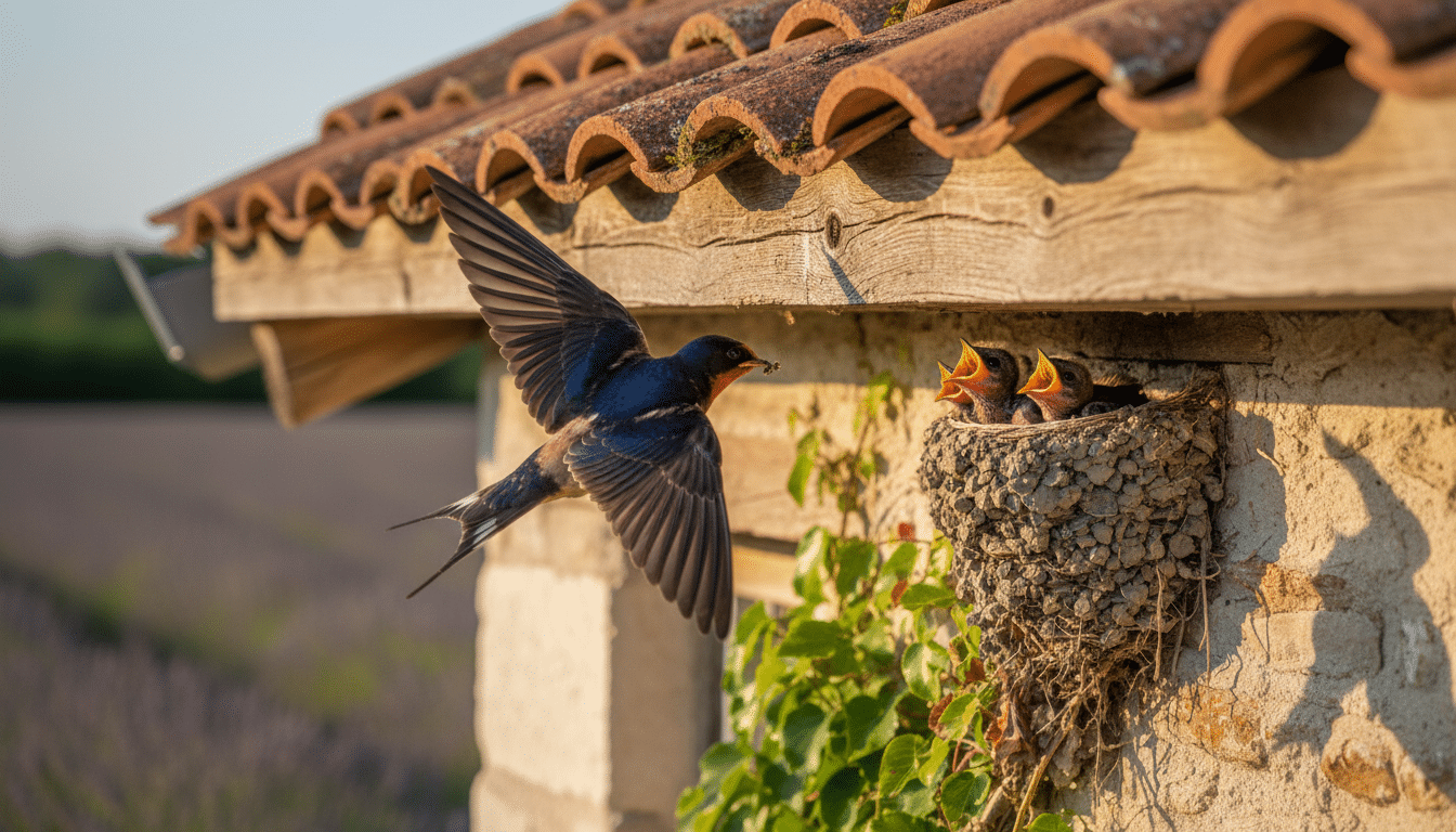 Hirondelle nourrissant ses oisillons dans un nid