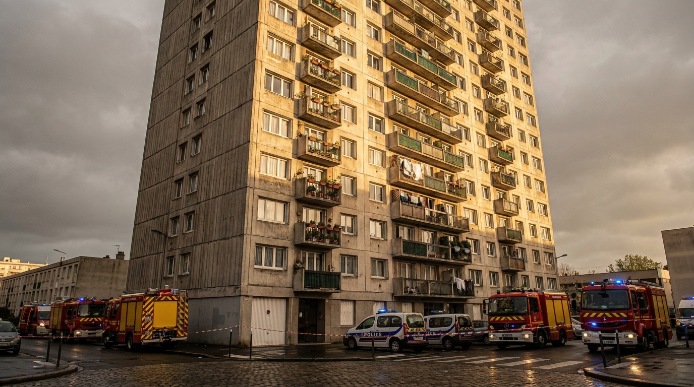 Tour d'immeuble HLM vue depuis la rue avec véhicules de secours